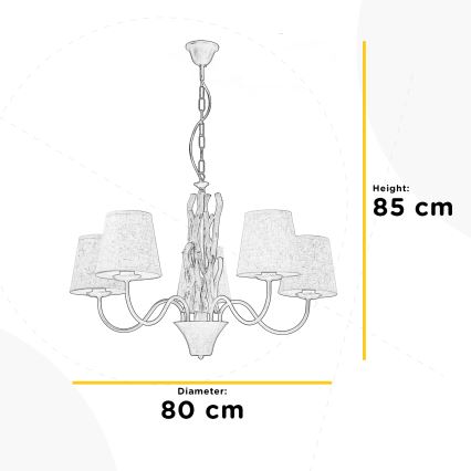 Lustr s piatimi tienidlami visí zo stropu. Konštrukcia lustru pripomína vetvy stromu. Výška: 85 cm, priemer: 80 cm.