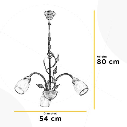 Trojramenný luster s listovými ozdobami visí zo stropu. Má tri sklenené tienidlá. Výška 80 cm, priemer 54 cm.