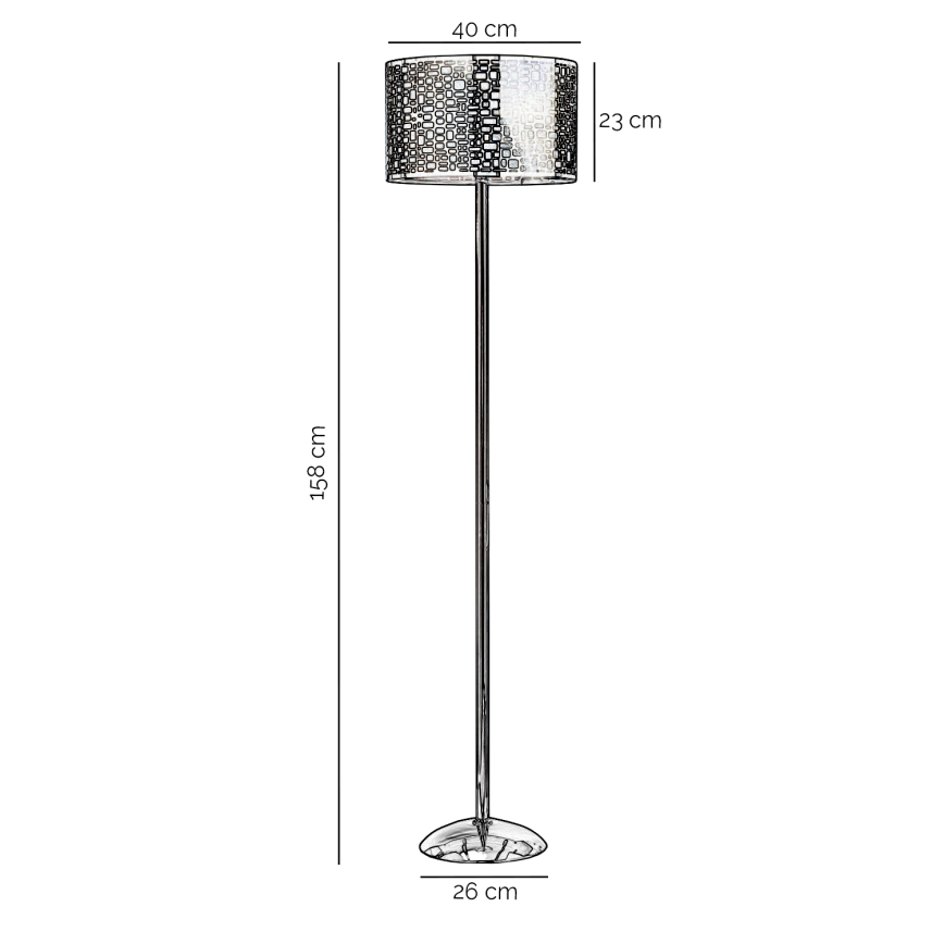 Stojacia lampa s vysokou kovovou nohou a valcovým tienidlom s geometrickým vzorom stojí na podstavci. Tienidlo má priemer 40 cm a výšku 23 cm. Celková výška lampy je 158 cm, priemer podstavca je 26 cm.