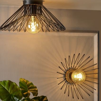 Dve kovové lampy svietia. Vrchná lampa je stropná s rozprestretými drôtikmi, spodná je nástenná s lúčovito rozmiestnenými drôtikmi. Obe obsahujú žiarovky. Na obrázku je tiež časť zelenej rastliny.