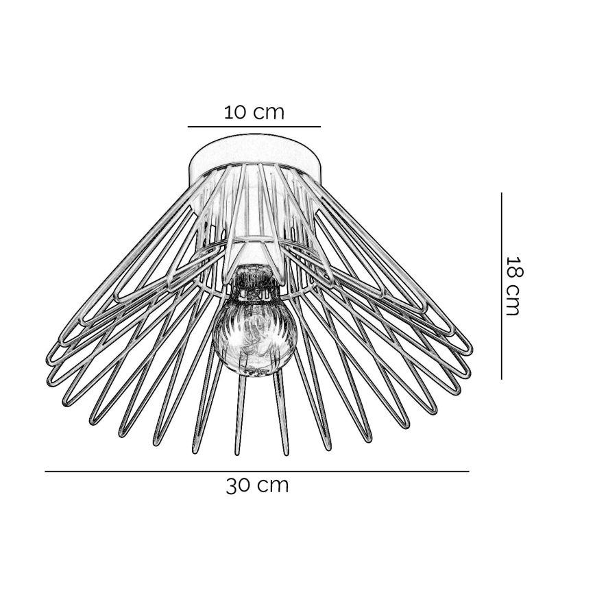 Svietidlo s kovovou konštrukciou v tvare rozprestretého vejára visí z kruhového stropného úchytu. Rozmery: priemer 30 cm, výška 18 cm, úchyt 10 cm.