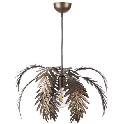Závesné svietidlo v tvare palmových listov visí zo stropu. Svietidlo je kovové, bronzovej farby. Žiarovka je umiestnená v strede medzi listami.