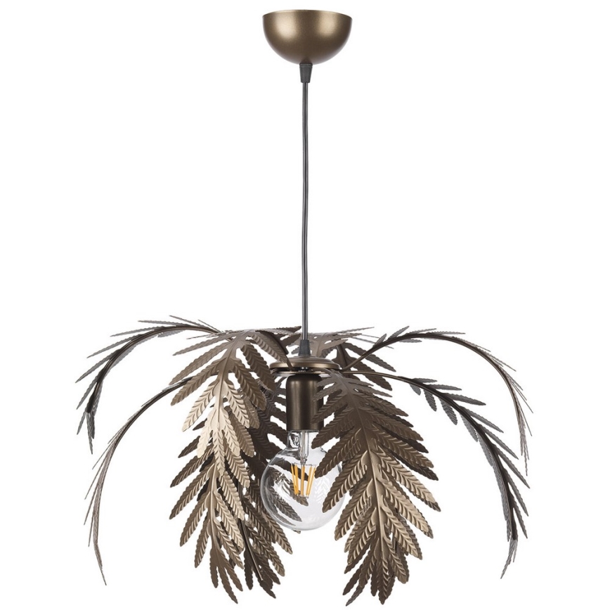 Závesné svietidlo v tvare palmových listov visí zo stropu. Svietidlo je kovové, bronzovej farby. Žiarovka je umiestnená v strede medzi listami.