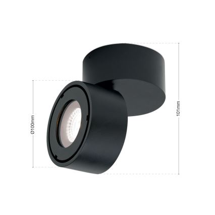 Svietidlo svieti. Je čierne, valcovitého tvaru, otočné. Rozmery: Ø100mm a 101mm.