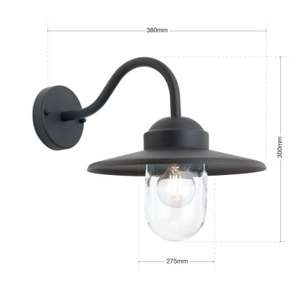 Čierna nástenná lampa s krivkou a skleneným tienidlom svieti. Rozmery: 380mm, 300mm, 275mm.