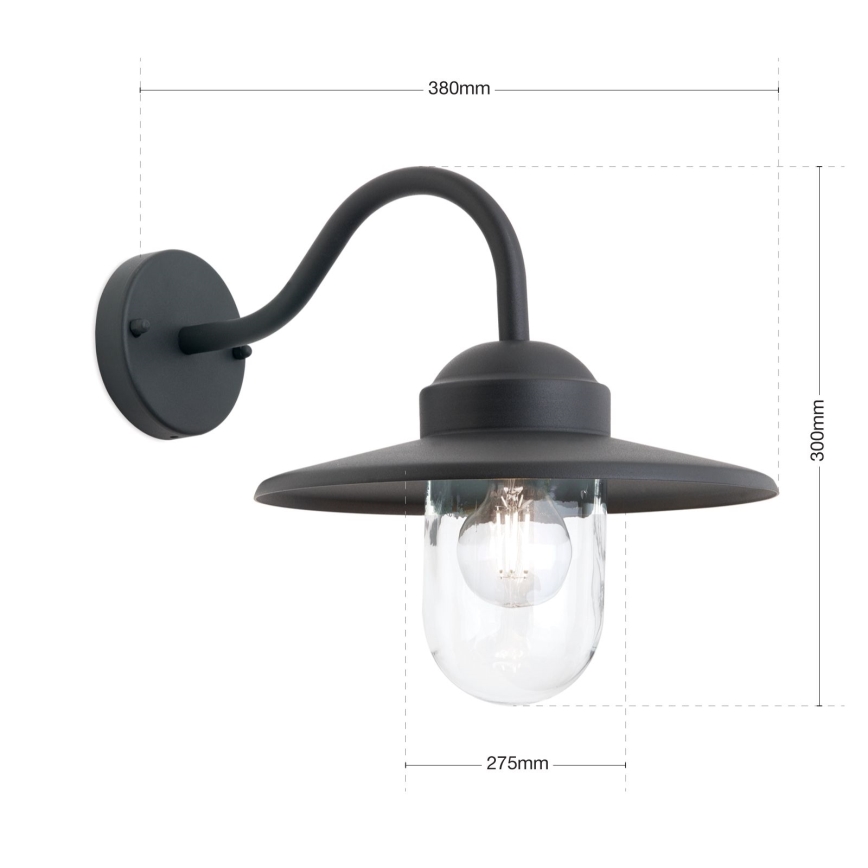 Čierna nástenná lampa s krivkou a skleneným tienidlom svieti. Rozmery: 380mm, 300mm, 275mm.