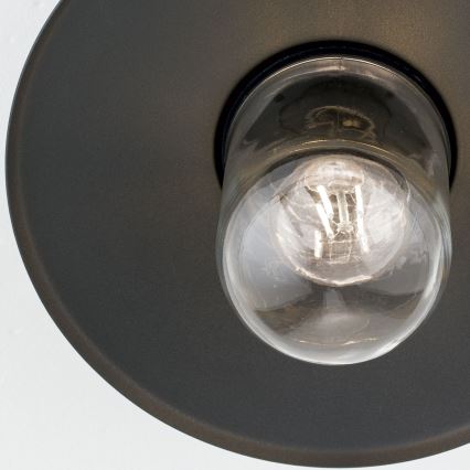 Svietidlo svieti. Je umiestnené na strope. Svietidlo je tmavosivé, guľová žiarovka je z priehľadného skla.