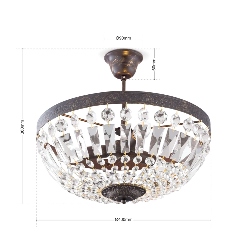 Krištáľový luster na tyči ARILA 3xE14/40W/230V pr. 40 cm hnedá/patina