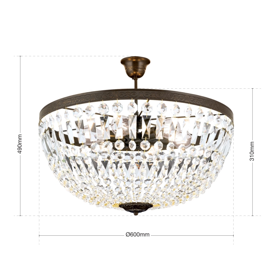 Krištáľový luster na tyči ARILA 6xE27/60W/230V pr. 60 cm hnedá/patina