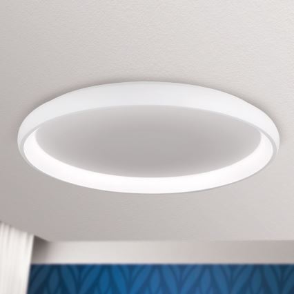 Biela kruhová stropná lampa svieti. Je pripevnená k stropu svetlej farby. Pod lampou je vidieť časť steny s tmavomodrým vzorom.