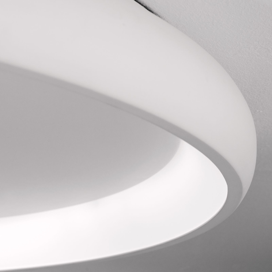 Biela oválna stropná lampa je pripevnená k stropu. Svieti. Lampa je súčasťou interiéru.