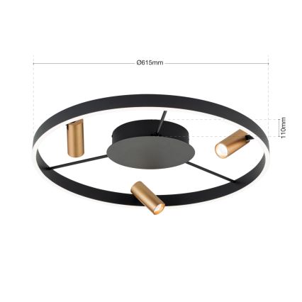Svietidlo s okrúhlym čiernym rámom a tromi zlatými bodovými svetlami je umiestnené na strope. Rozmery: priemer 615 mm, výška 110 mm.