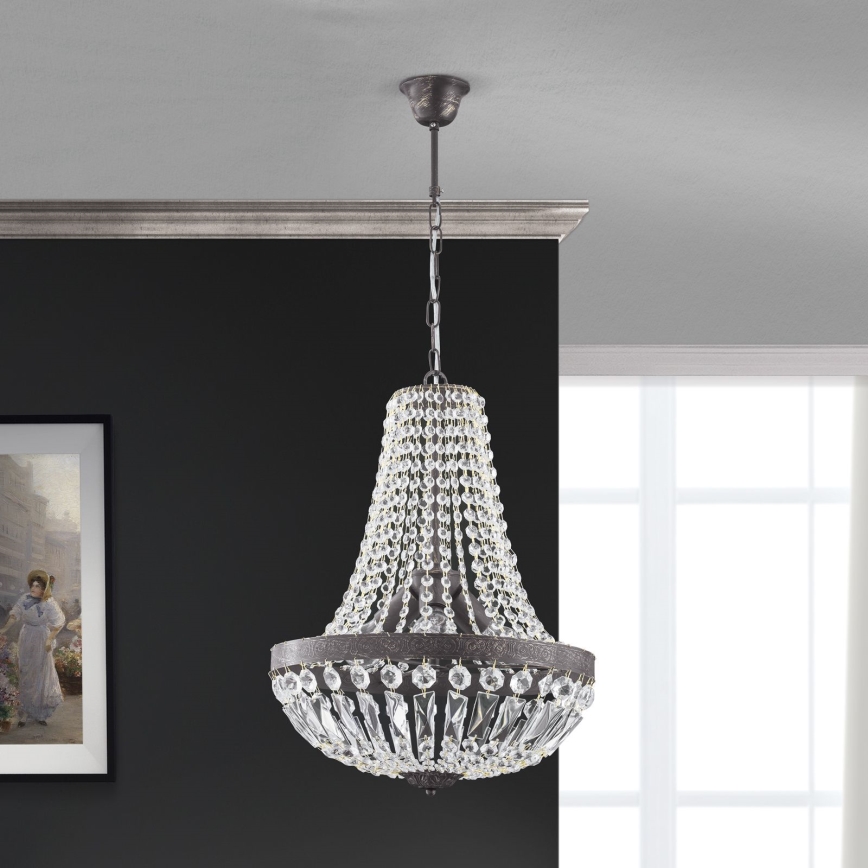 Krištáľový luster na reťazi ARILA 3xE27/60W/230V pr. 40 cm hnedá/patina
