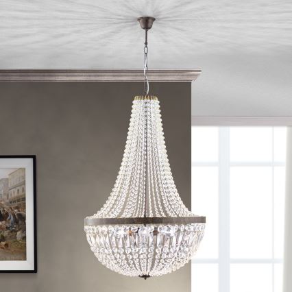 Krištáľový luster na reťazi ARILA 6xE27/60W/230V pr. 60 cm hnedá/patina