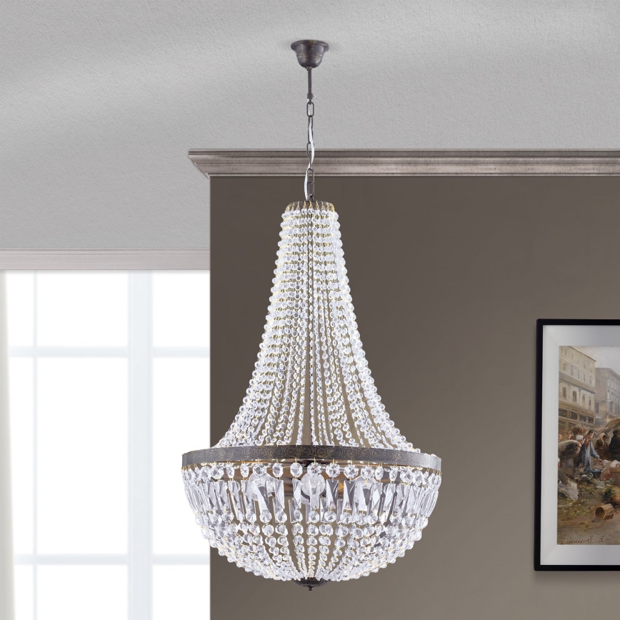 Krištáľový luster na reťazi ARILA 6xE27/60W/230V pr. 60 cm hnedá/patina