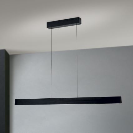 Dlhá čierna lampa visí zo stropu v miestnosti s bledou sivou stenou. Lampa je pripevnená k stropu pomocou dvoch káblov a jej telo je dlhý rovný obdĺžnik.