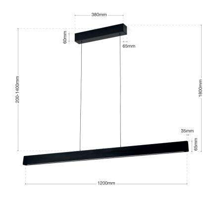 Dve čierne obdĺžnikové svietidlá visia zo stropu na kábloch. Dlhé svietidlo meria 1200 mm, krátke 380 mm. Celková výška je 200-1400 mm. Šírka dlhšieho svietidla je 65 mm, krátkeho 65 mm.