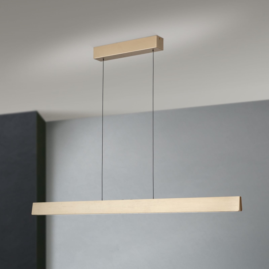 Dlhá zlatá obdĺžniková lampa visí zo stropu v miestnosti s tmavošedou a svetlošedou stenou. Lampa je pripevnená dvoma tenkými káblami k stropnému držiaku.