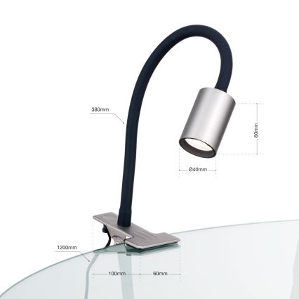 Svietidlo s klipom pripevnené na sklenený povrch. Ohybné rameno smeruje svetlo nahor. Rozmery: celková dĺžka 380 mm, priemer hlavy 40 mm, výška hlavy 60 mm, dĺžka klipu 100 mm, šírka klipu 60 mm, dĺžka kábla 1200 mm.