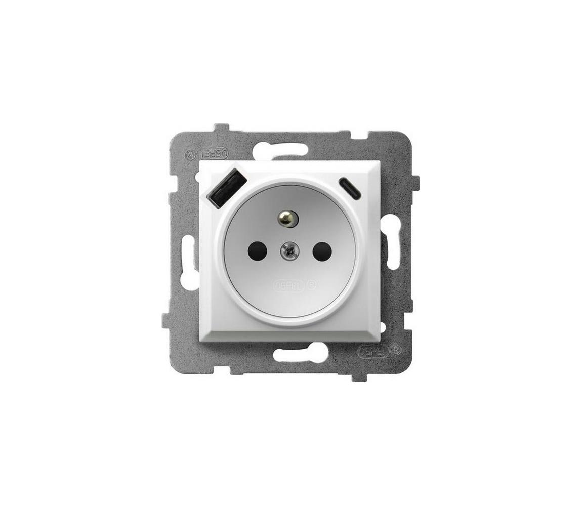 Ospel - Domová zásuvka bez rámčeka 230V + 1xUSB-A + 1xUSB-C ARIA biela GP-1UZPUSBAC/m/00