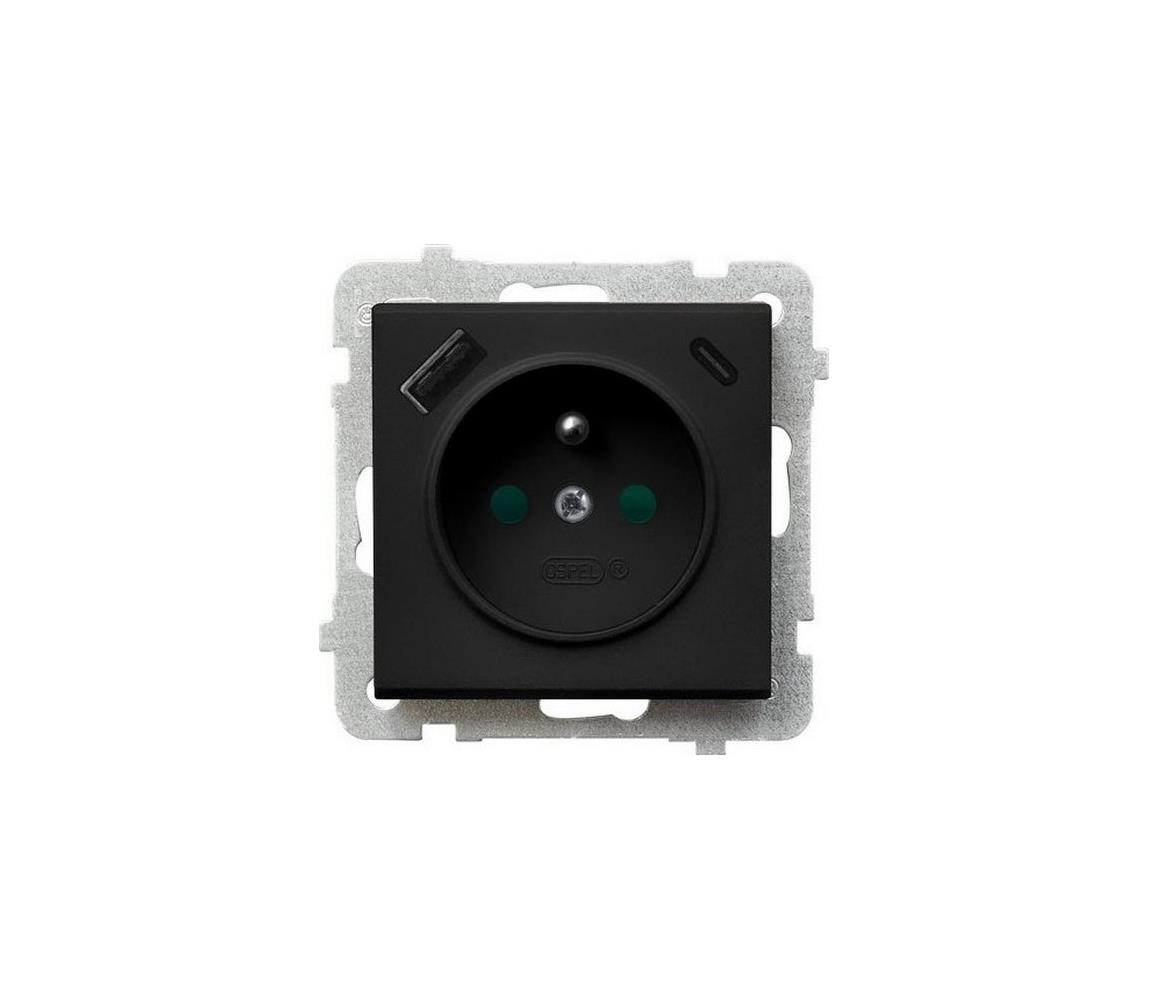 Ospel - Domová zásuvka bez rámčeka 230V + 1xUSB-A + 1xUSB-C SONATA čierna GP-1RZPUSBAC/m/33