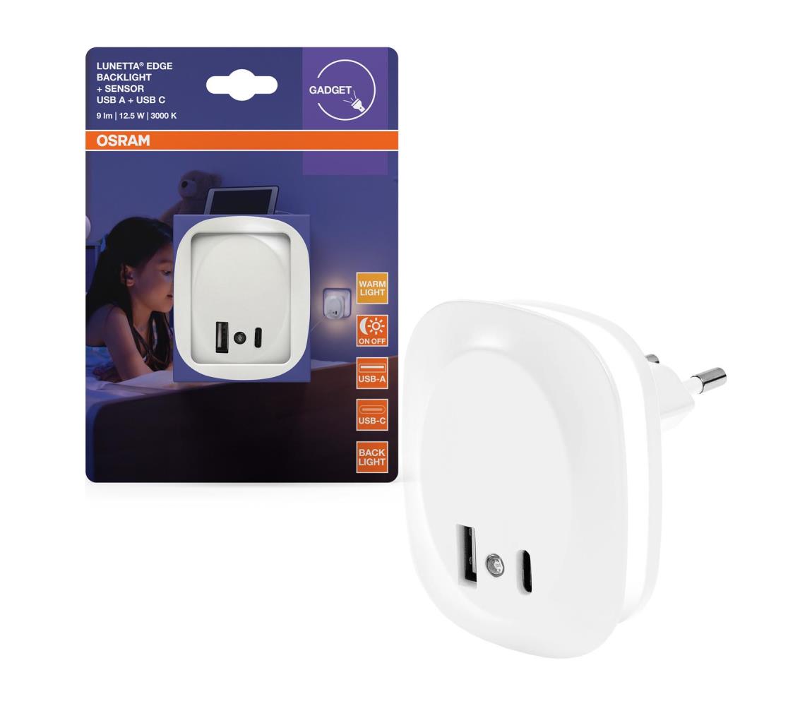 Osram- LED nočné svietidlo do zásuvky so senzorom a USB LUNETTA LED/12,5W/230V 4099854532115