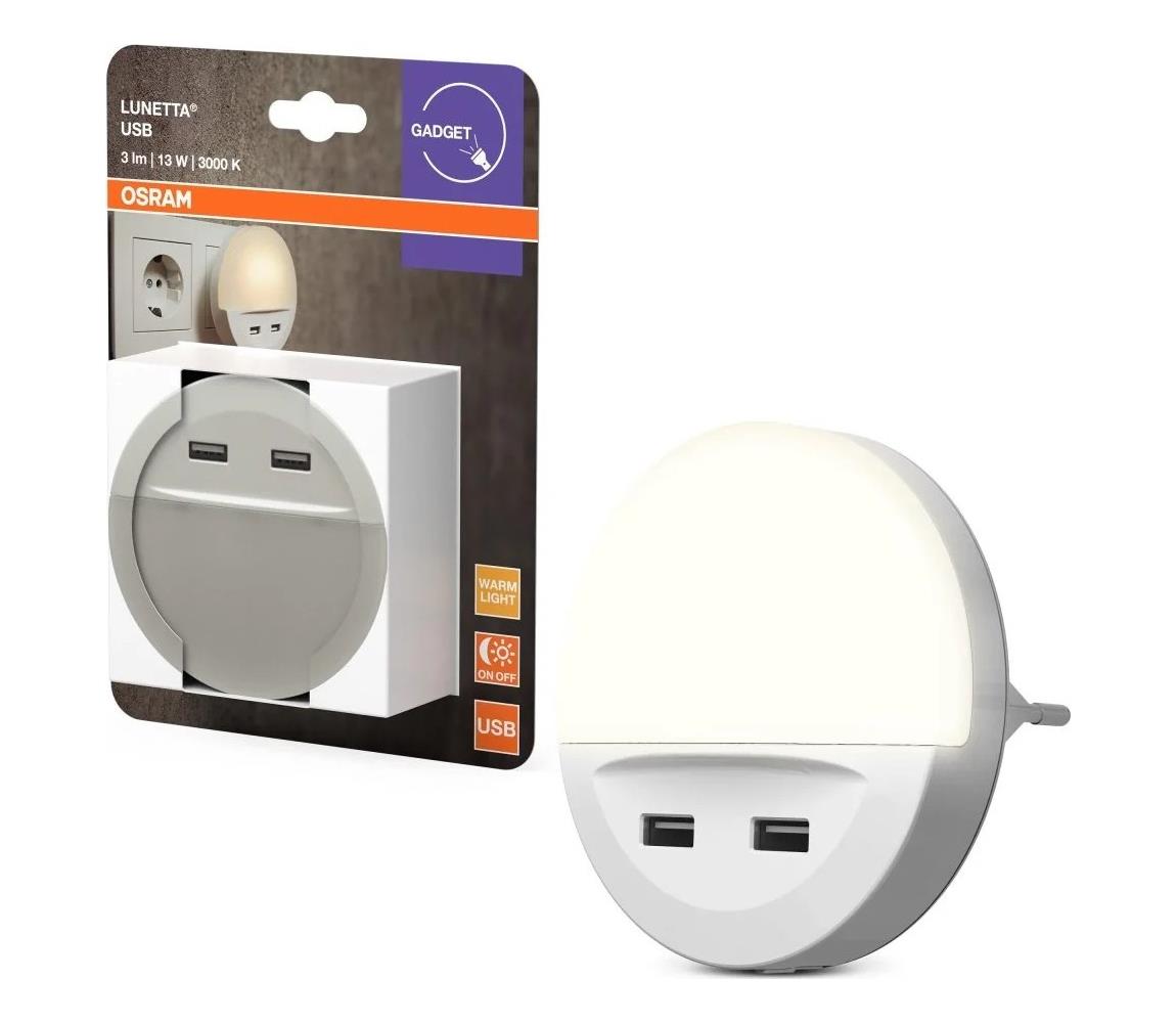 Osram - LED Nočné svietidlo do zásuvky so snímačom LUNETTA 2xUSB LED/13W/230V 4099854530753
