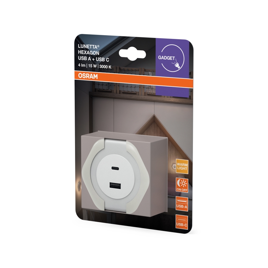 Osram - LED orientačné svietidlo do zásuvky s USB LUNETTA LED/15W/230V biela