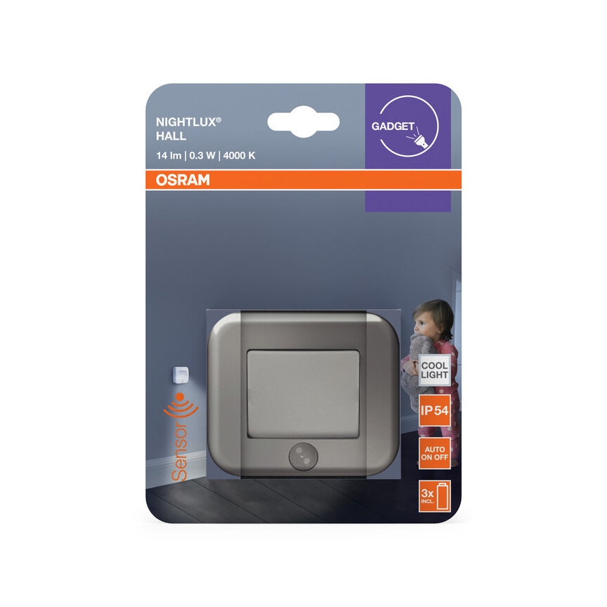 Osram - LED orientačné svietidlo so senzorom NIGHTLUX LED/0,3W/3xAAA IP54 strieborné