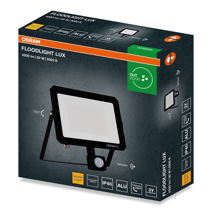 Osram - LED reflektor s pohybovým a súmrakovým senzorom FLOODLIGHT LED/50W/230V 3000K IP65 čierny