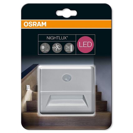 Osram - LED Schodiskové svietidlo so senzorom NIGHTLUX LED/0,25W/3xAAA IP54 strieborná