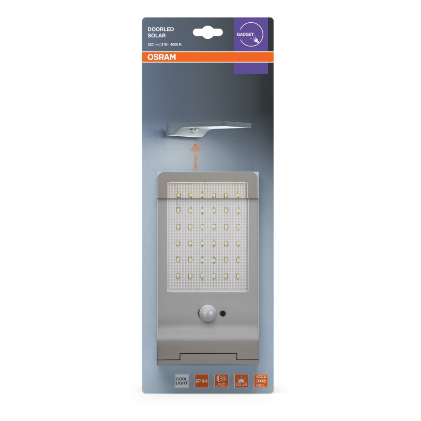 Osram - LED solárne nástenné svietidlo so senzorom DOORLED LED/3W/3,3V 2000 mAh IP44 strieborné