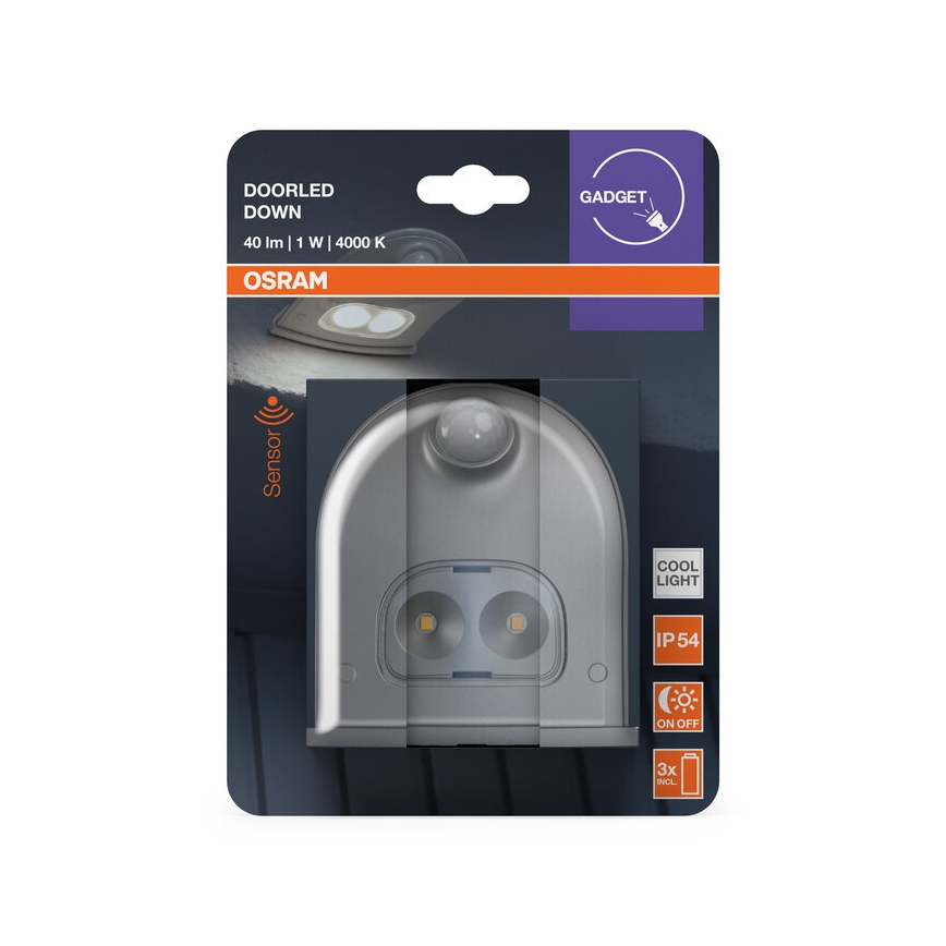 Osram - LED vonkajšie nástenné svietidlo so senzorom DOORLED LED/0,5W/3xAA IP54 strieborné