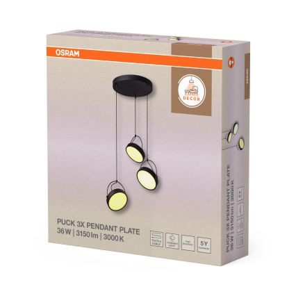 Osram - LED závesné svietidlo na lankách DECOR PUCK 3xLED/12W/230V CRI 90 čierne