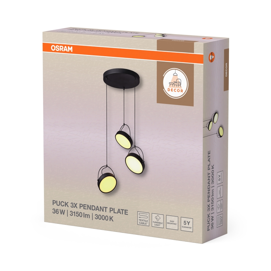 Osram - LED závesné svietidlo na lankách DECOR PUCK 3xLED/12W/230V CRI 90 čierne