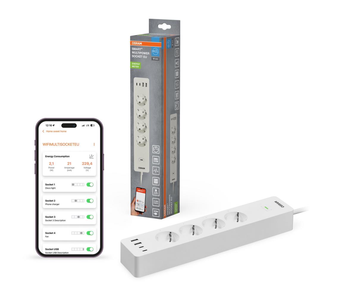 Osram - Predlžovací kábel SMART+ 4Z typ F + 2xUSB-A + 2xUSB-C Wi-Fi 4099854418198
