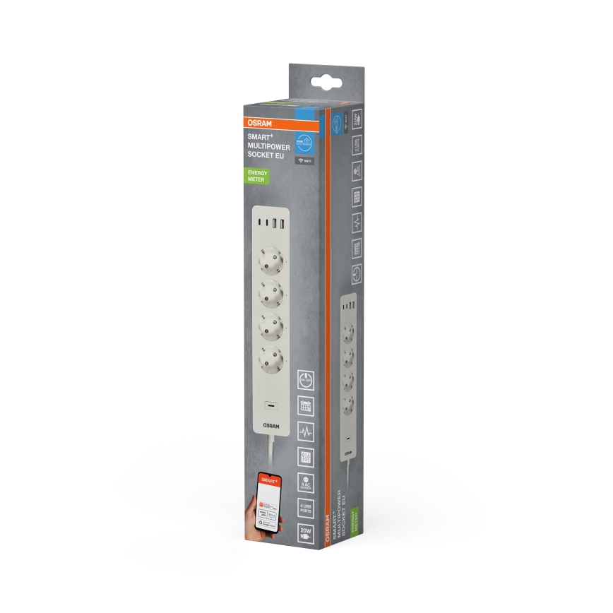 Osram - Predlžovací kábel SMART+ 4Z typ F + 2xUSB-A + 2xUSB-C Wi-Fi