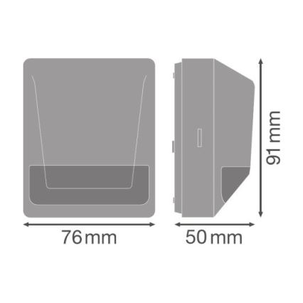Svietidlo je zobrazené v čelnom a bočnom pohľade s rozmermi: 76 mm x 50 mm x 91 mm.
