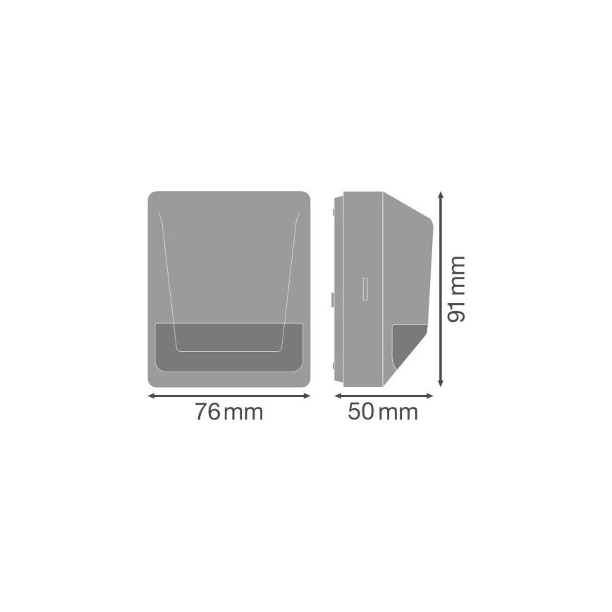Svietidlo je zobrazené v čelnom a bočnom pohľade s rozmermi: 76 mm x 50 mm x 91 mm.