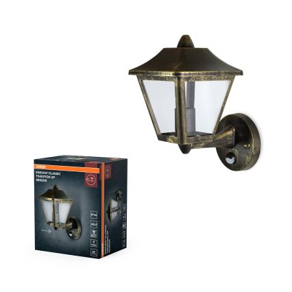 Osram - Vonkajšie nástenné svietidlo so senzorom TRADITION UP 1xE27/60W/230V IP44 patina/zlatá