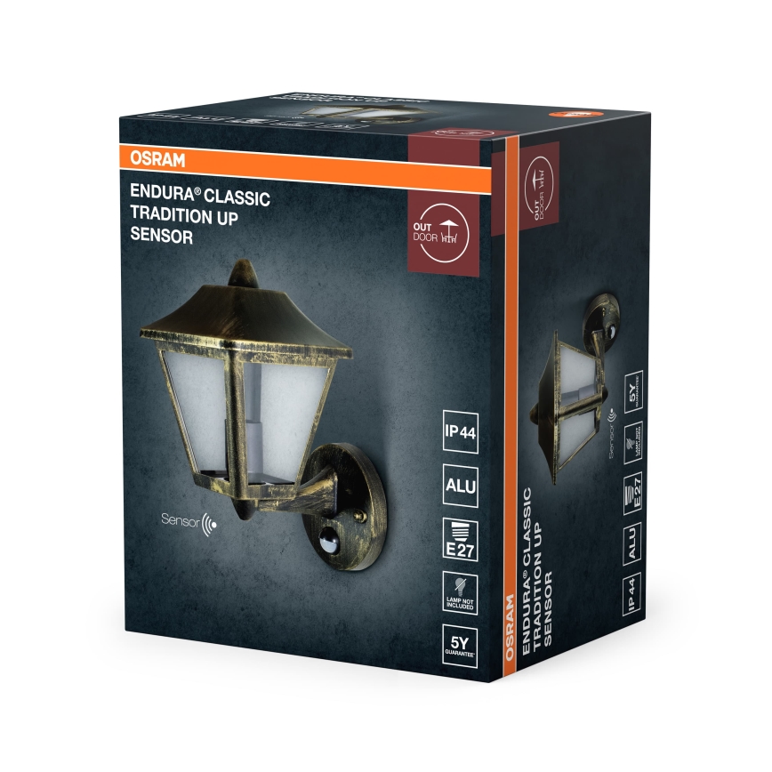 Osram - Vonkajšie nástenné svietidlo so senzorom TRADITION UP 1xE27/60W/230V IP44 patina/zlatá