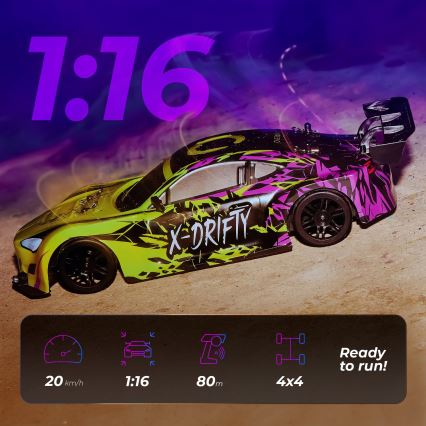 Overmax - RC drift auto na diaľkové ovládanie X-DRIFT 1000 mAh žltá/fialová