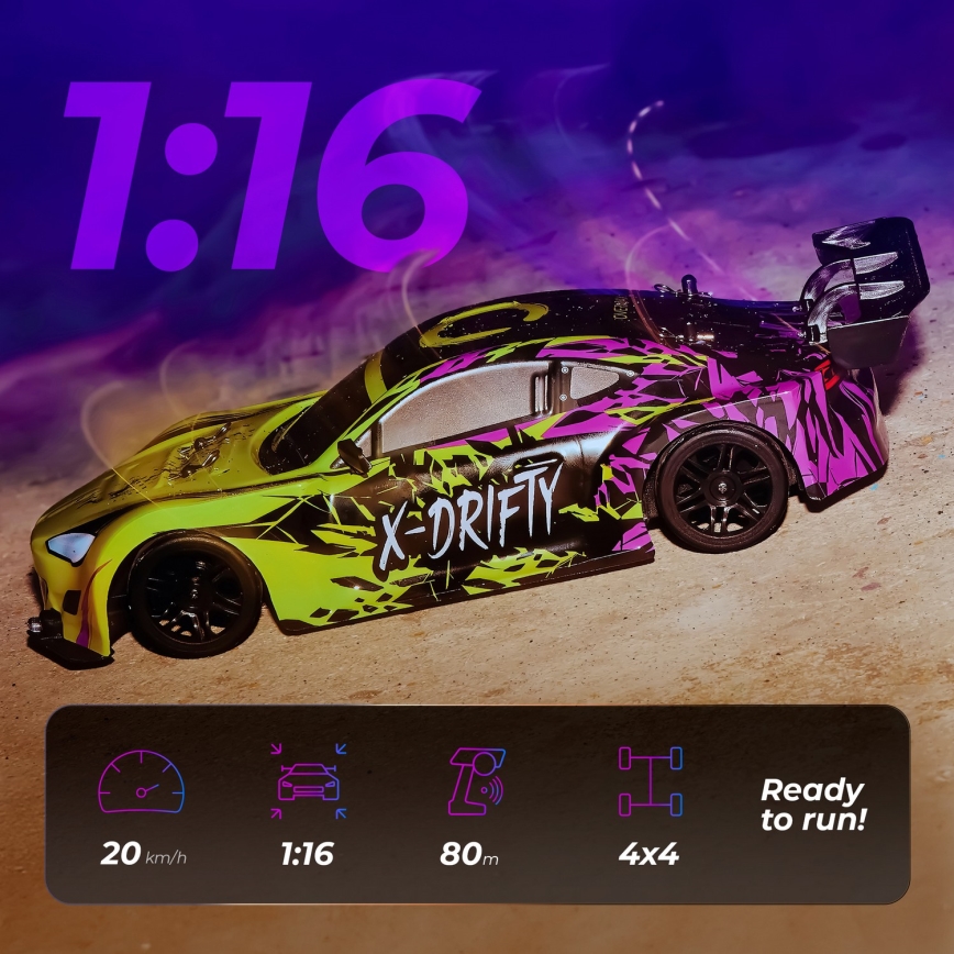 Overmax - RC drift auto na diaľkové ovládanie X-DRIFT 1000 mAh žltá/fialová