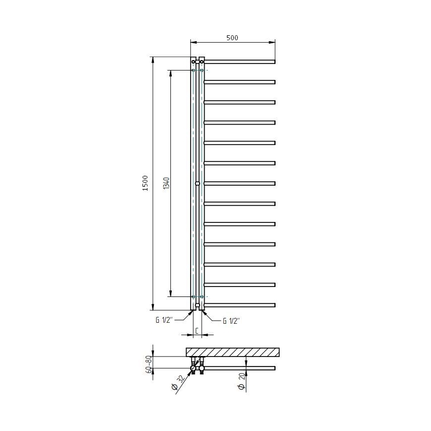 P.M.H. AP2C-L - Kúpeľňový rebríkový radiátor APOLLO 219 W 150 cm ľavé/lesklý chróm