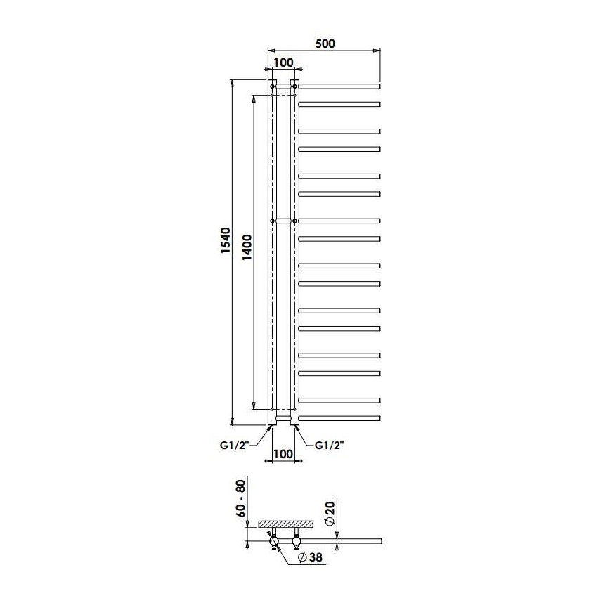 P.M.H. T2C-L - Kúpeľňový rebríkový radiátor THEIA 352W 154 cm ľavý/lesklý chróm