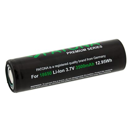 Li-iónová batéria PATONA 18650, 3,7 V, 3350 mAh, 12,40 Wh, stojí vertikálne. Varovanie: Nerozoberať, nekrútiť, neprepichnúť, nelikvidovať v ohni alebo vode.