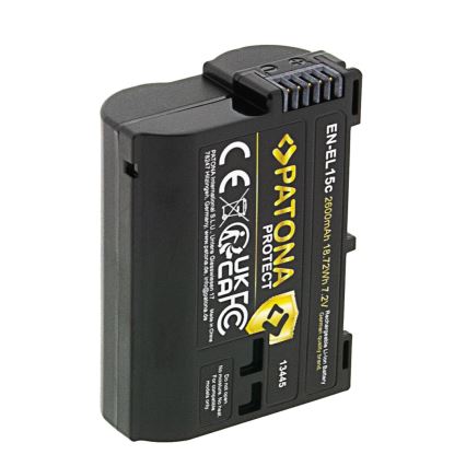 Batéria Patona EN-EL15c s kapacitou 2600 mAh, 18,72 Wh a napätím 7,2 V je zobrazená. Je to dobíjacia lítium-iónová batéria nemeckej kvality, vyrobená v Číne.