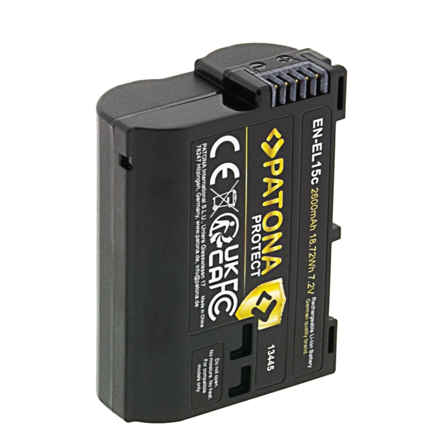 Batéria Patona EN-EL15c s kapacitou 2600 mAh, 18,72 Wh a napätím 7,2 V je zobrazená. Je to dobíjacia lítium-iónová batéria nemeckej kvality, vyrobená v Číne.