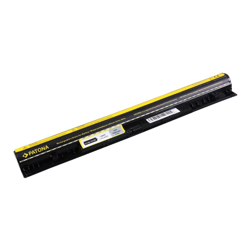 Batéria leží na bielom pozadí. Je čierna s žltým nápisom „PATONA“ a informáciami: „Li-ion 14,8V, 2200mAh, 32Wh“. Ide o nabíjateľnú lítium-iónovú batériu.