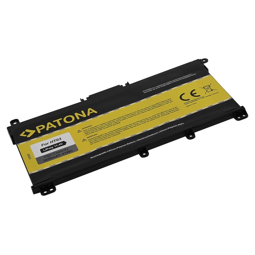 Batéria Patona pre HT03 leží na bielom pozadí. Je čierna s žltými nápismi: „For HT03“, „LiPoly 11.4V“, „High Capacity 3600mAh 41Wh“. Na batérii je tiež označenie CE.